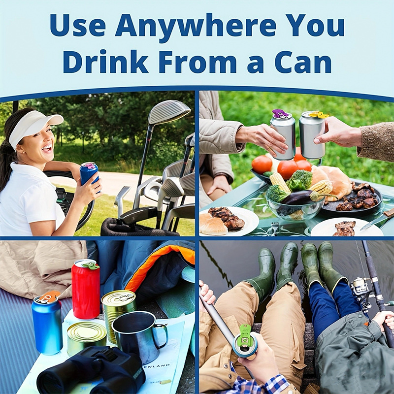 Plastic can and bottle opener shown on cans in multiple outdoor and travel situations