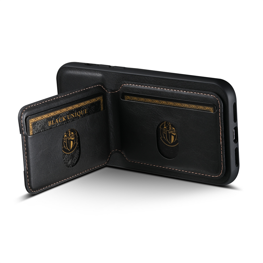 Black leather phone case interior with two card slots and gold-trim branding panel