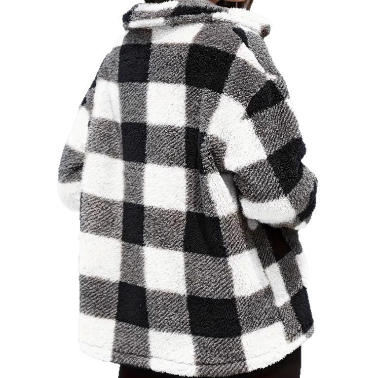 Women’s white and black plaid single-breasted jacket, shown from the back.