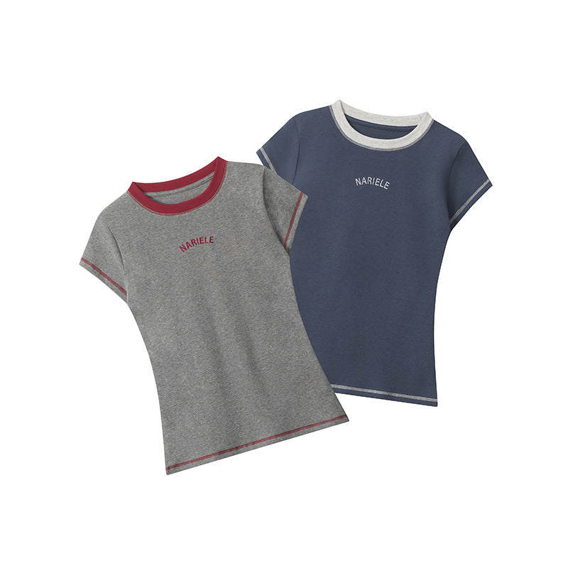 Casual Round Neck Short Sleeve Women Alphabet Embroidery Tee Slim Fit Cotton Top