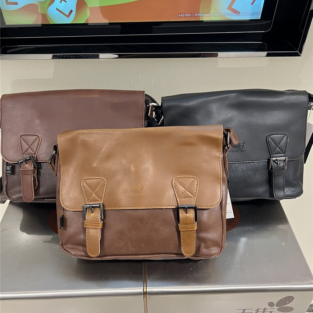 Retro Mens Japanese And Korean Casual Simple Shoulder Fashion Messenger Bag PU Leather Travel Everyday Use