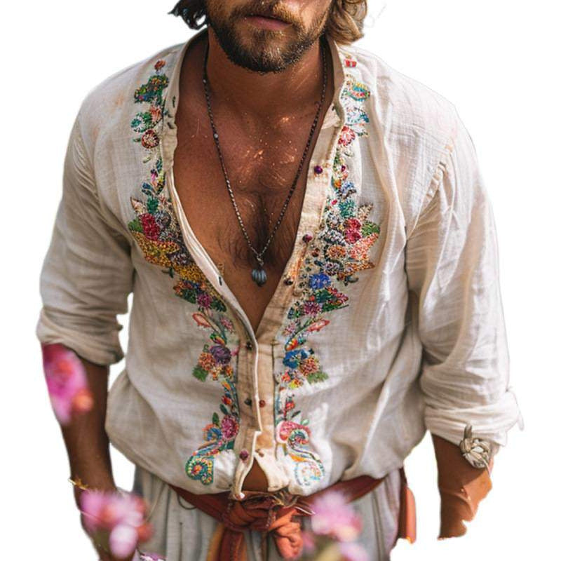 Retro Men's Casual Tops Open Collar Embroidered Shirt