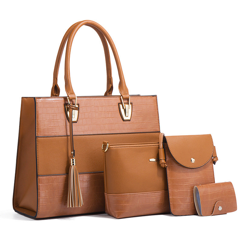 Crocodile-embossed PU handbag set in tan/brown, tote with matching crossbody pouches
