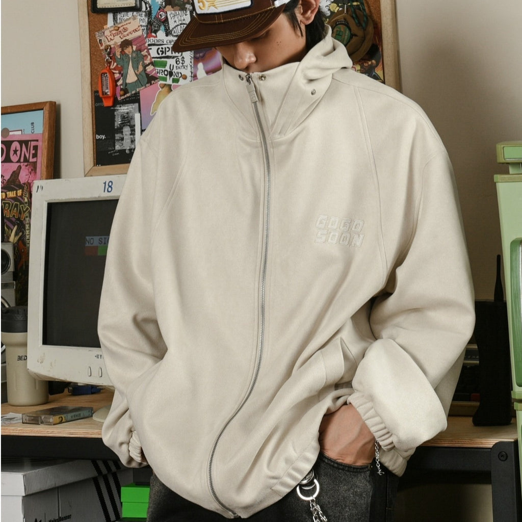 Men's Thick Loose Pu Shuai Embroidered Zipper Hooded Jacket