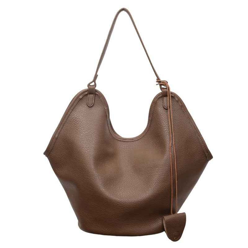 Women’s PU bucket tote bag with lychee-grain texture, medium brown, dual shoulder handles