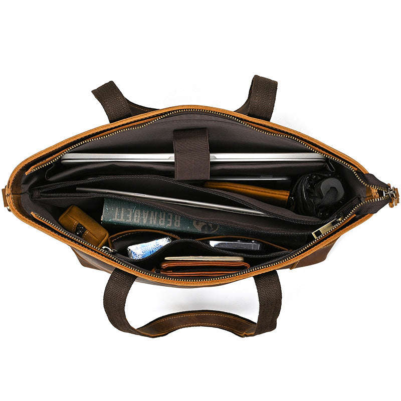 Crazy Horse Leather Tote Bag Large Capacity Genuine First Layer Cowhide Slit Pocket For Daily Use