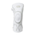 Single gray and white knee pad with padded front shield and side strap