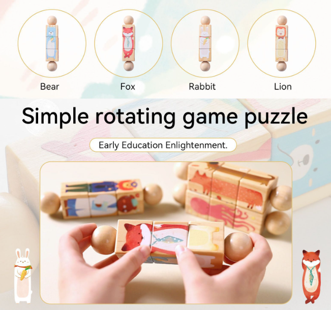Wooden rotating animal puzzle handbell pieces with ball handles held in hands