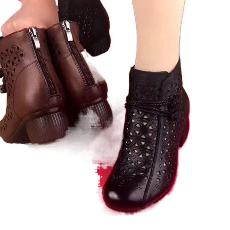 All-Match Leather Mid-Heel Casual Shoes - Women's Comfortable Retro Closed Toe