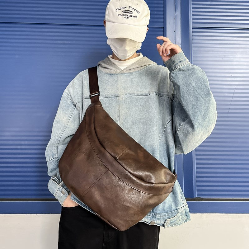 Retro Fashion Large Capacity Mens PU Crossbody Bag Brown Black White Waterproof Wear Resistant 50x29x3 cm