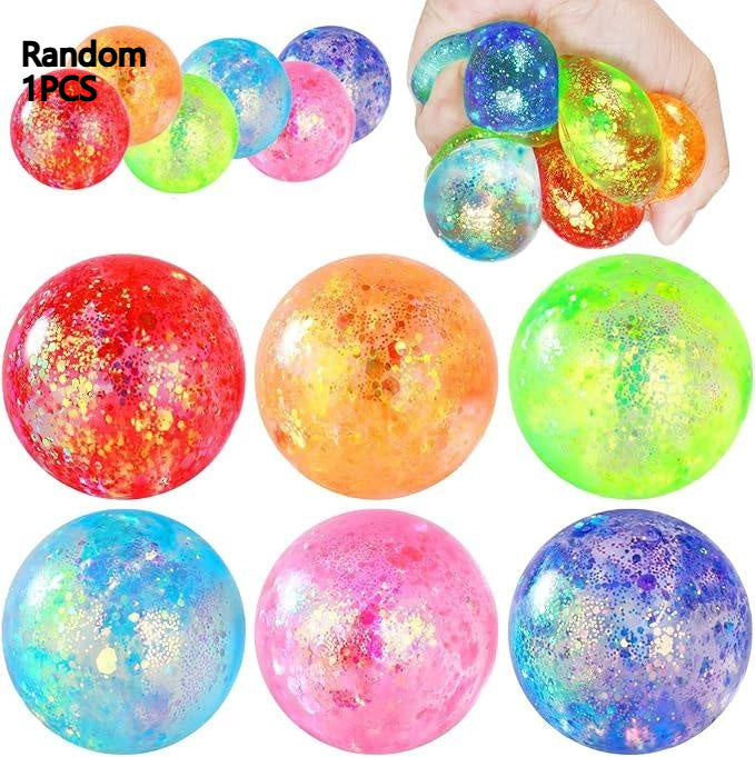 Random assortment of multicolor glitter squeeze stress ball toys, round balls