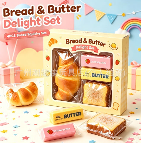 Bread and butter delight squishy set in retail box with assorted toy pieces