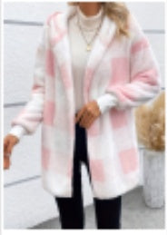 Pink and white plaid knit cardigan with open front and long sleeves