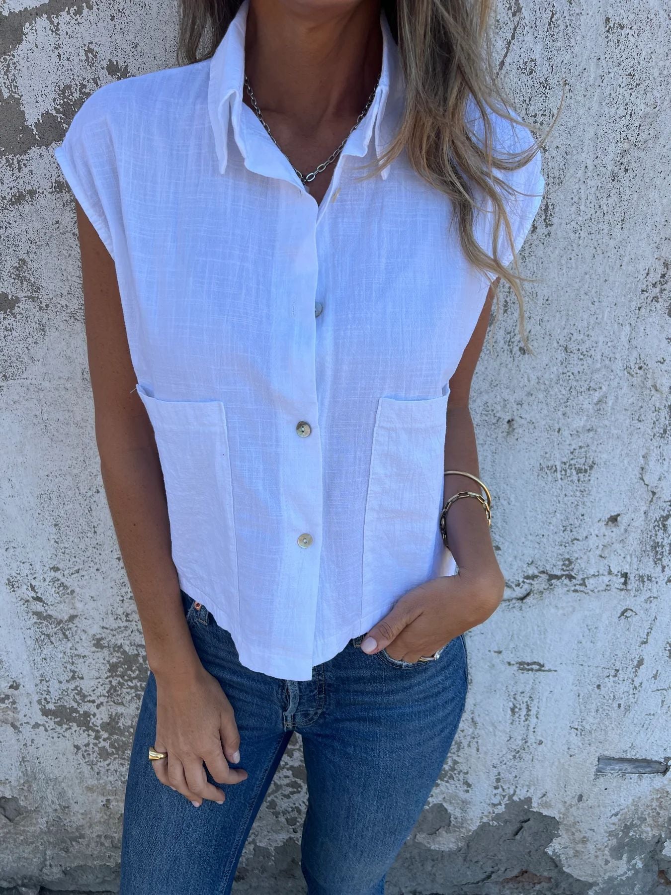 Women's Casual Cotton Linen Button-Up Shirt - Loose Fit with Pockets