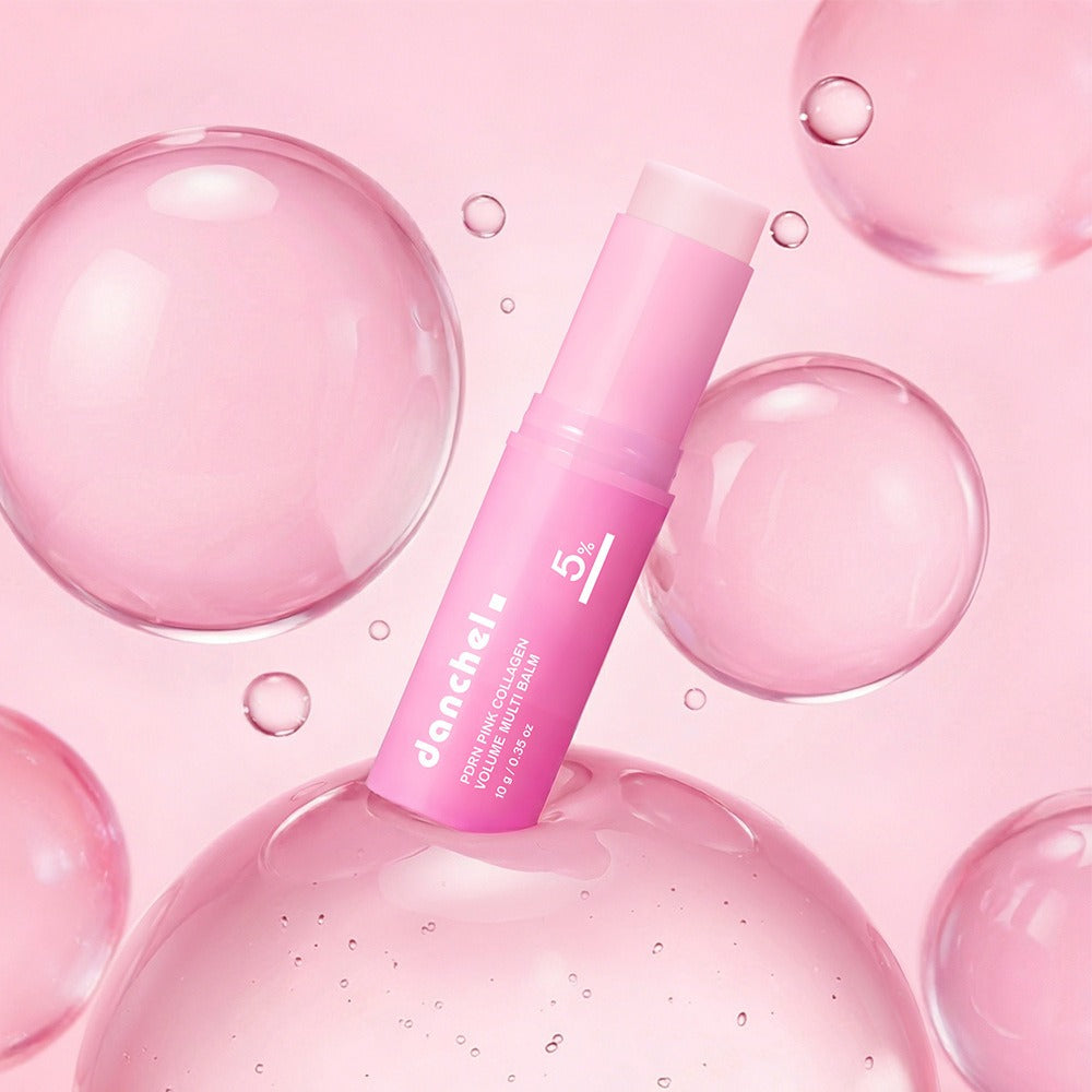 Pink collagen balm stick with glossy finish and surrounding bubbles