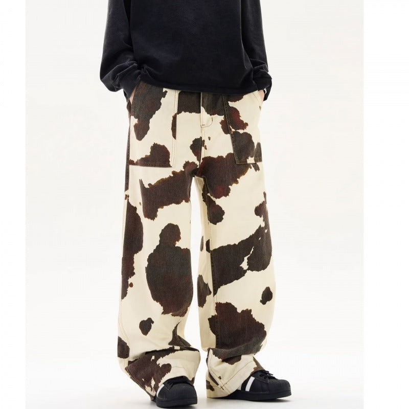 Men's Casual American Retro Cows Pattern Straight-leg Trousers