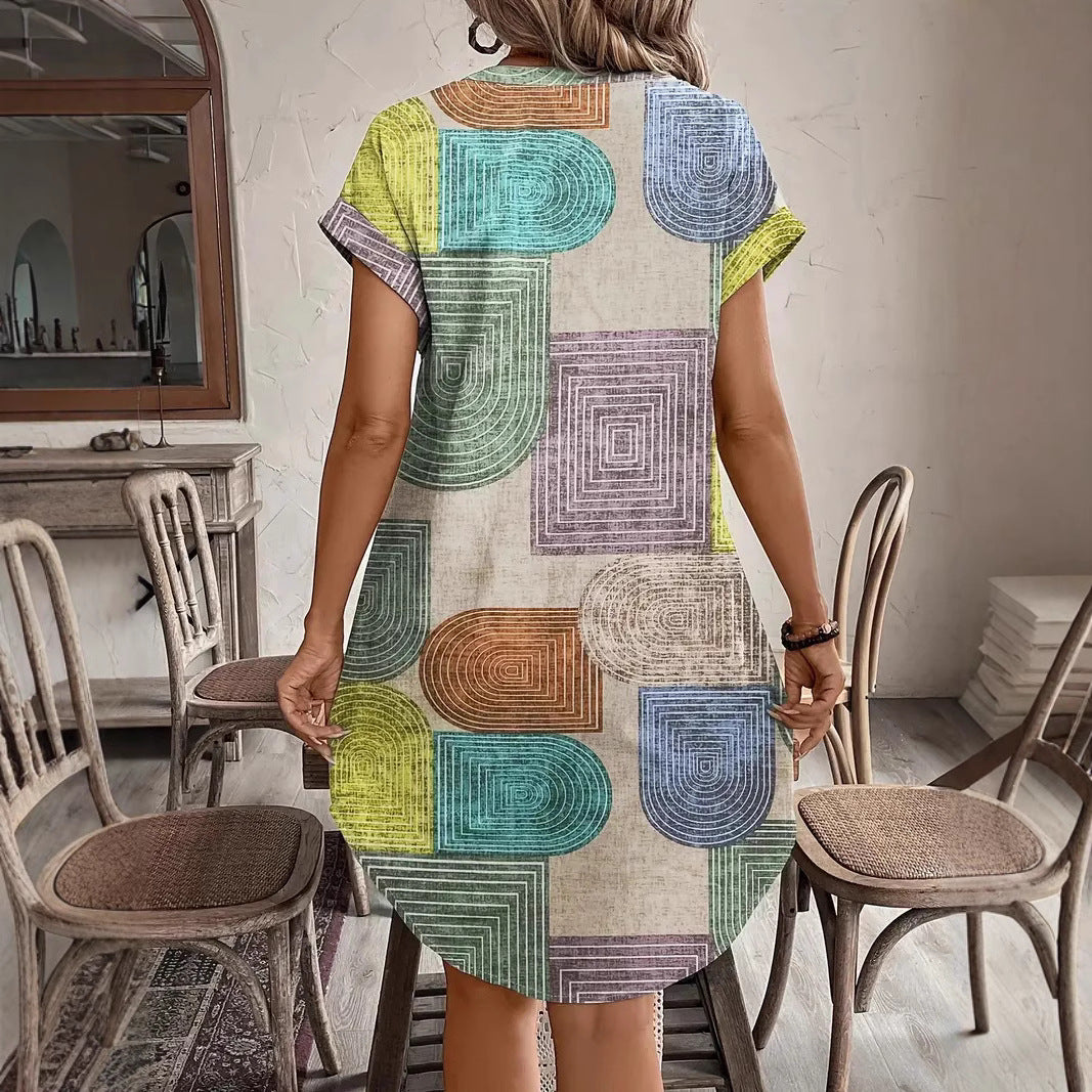 Multi-color woven dress back with geometric circle print and short sleeves