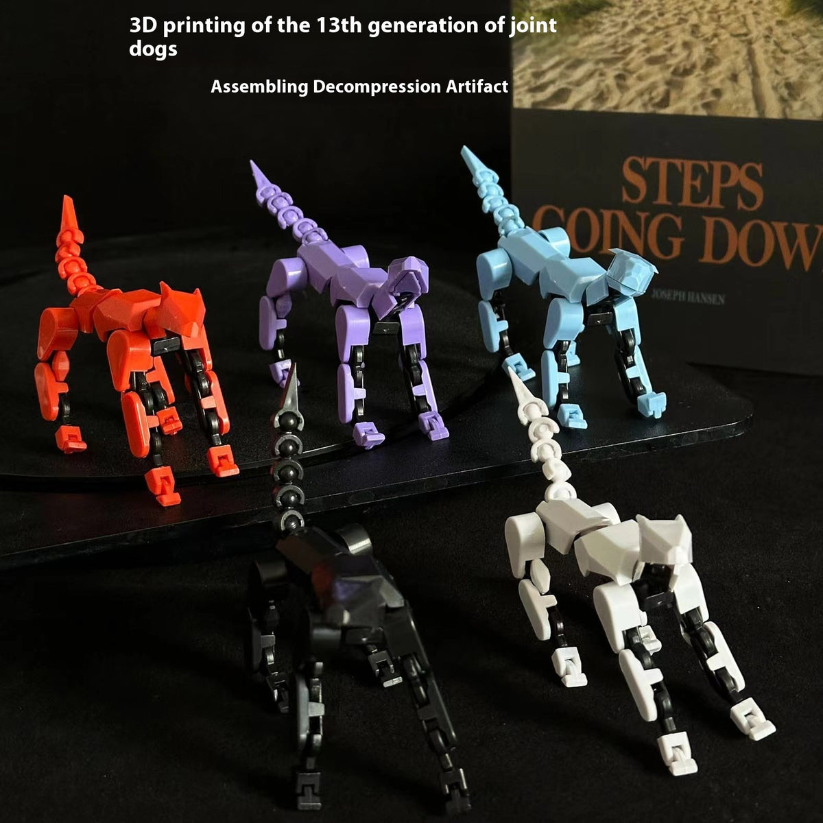 Multi-jointed robot dog action figures in red, purple, light blue, and white