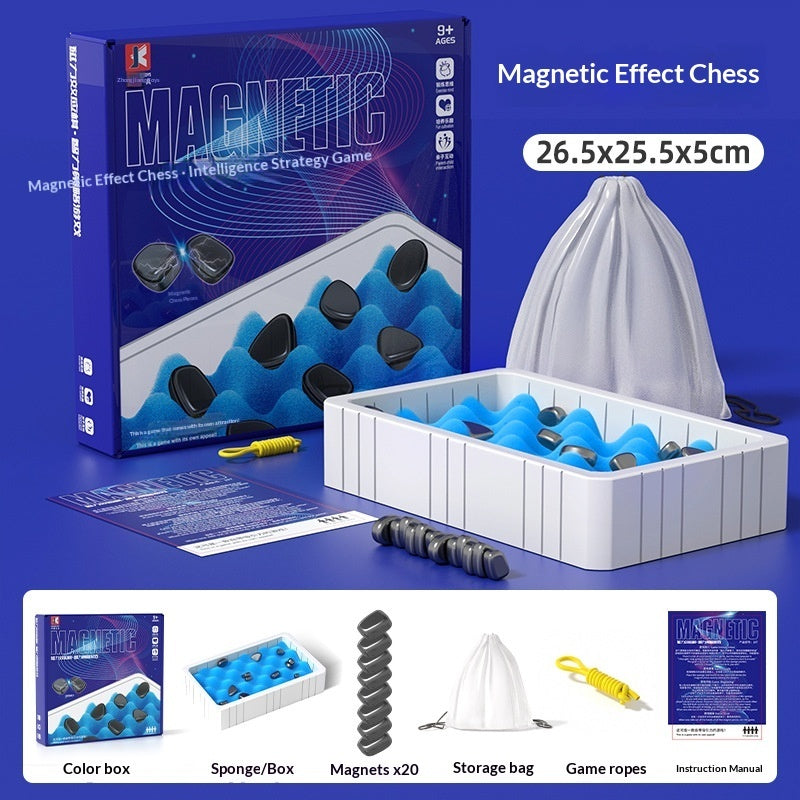 Magnetic effect chess set with blue board, black magnets, rope, and white storage bag.