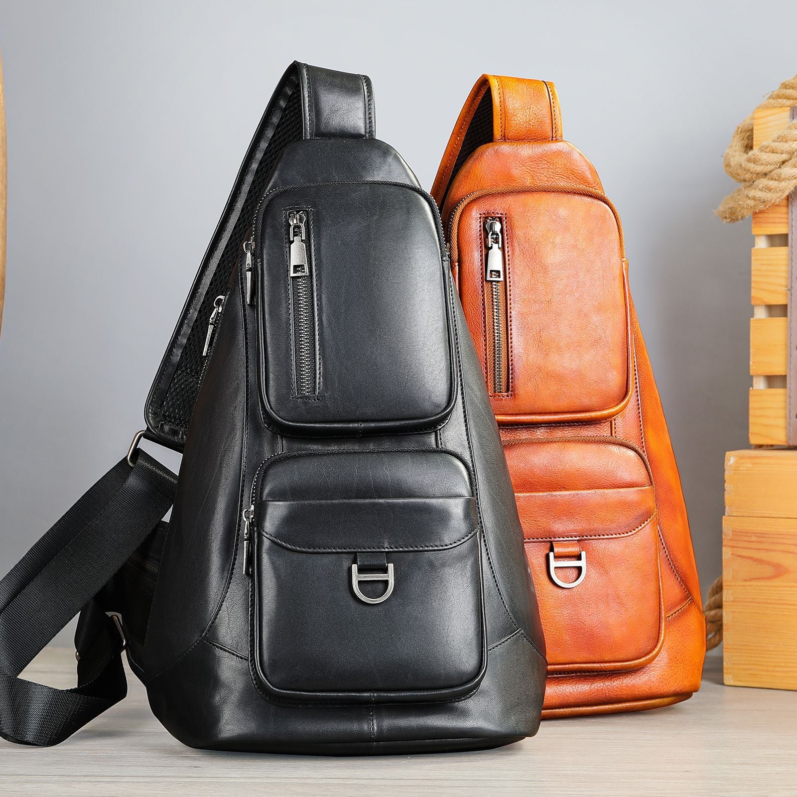 First Layer Cowhide Chest Bag Large Capacity Shoulder Messenger Bag Genuine Leather Wear Resistant Black