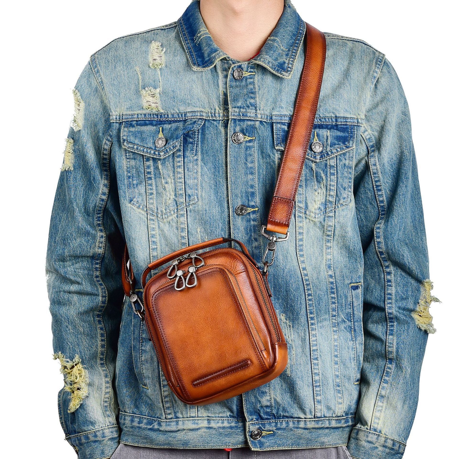 Genuine Leather Cowhide Retro Mens Messenger Bag Casual Everyday Travel with Single Shoulder Strap