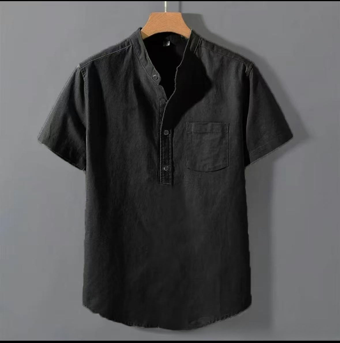 Casual Stand Collar Short Sleeve Solid Color Slub Linen Shirt Top