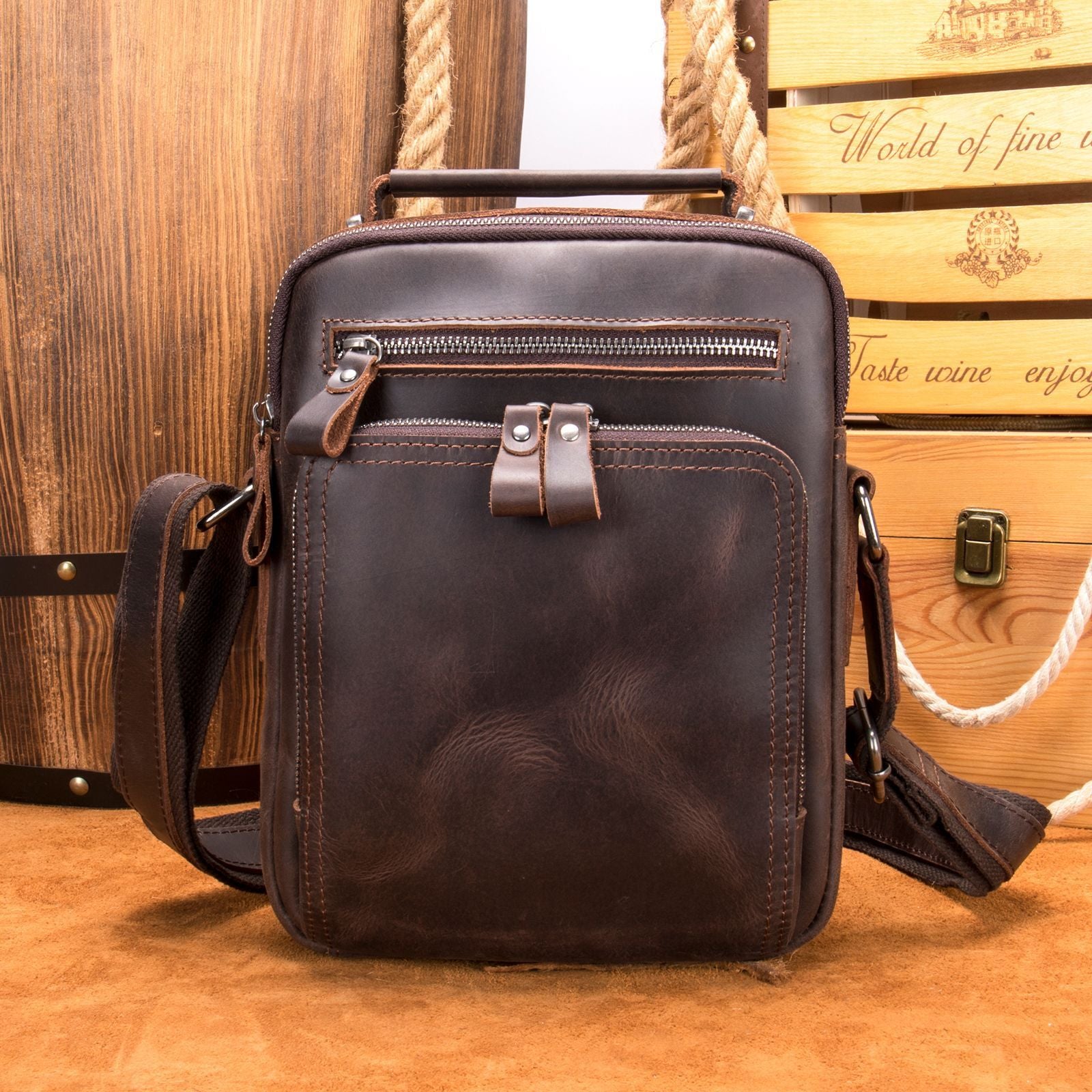 leather large capacity retro shoulder messenger bag waterproof expandable design for everyday use