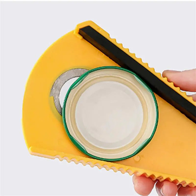Yellow multifunctional can and bottle opener with black blade and grip loop
