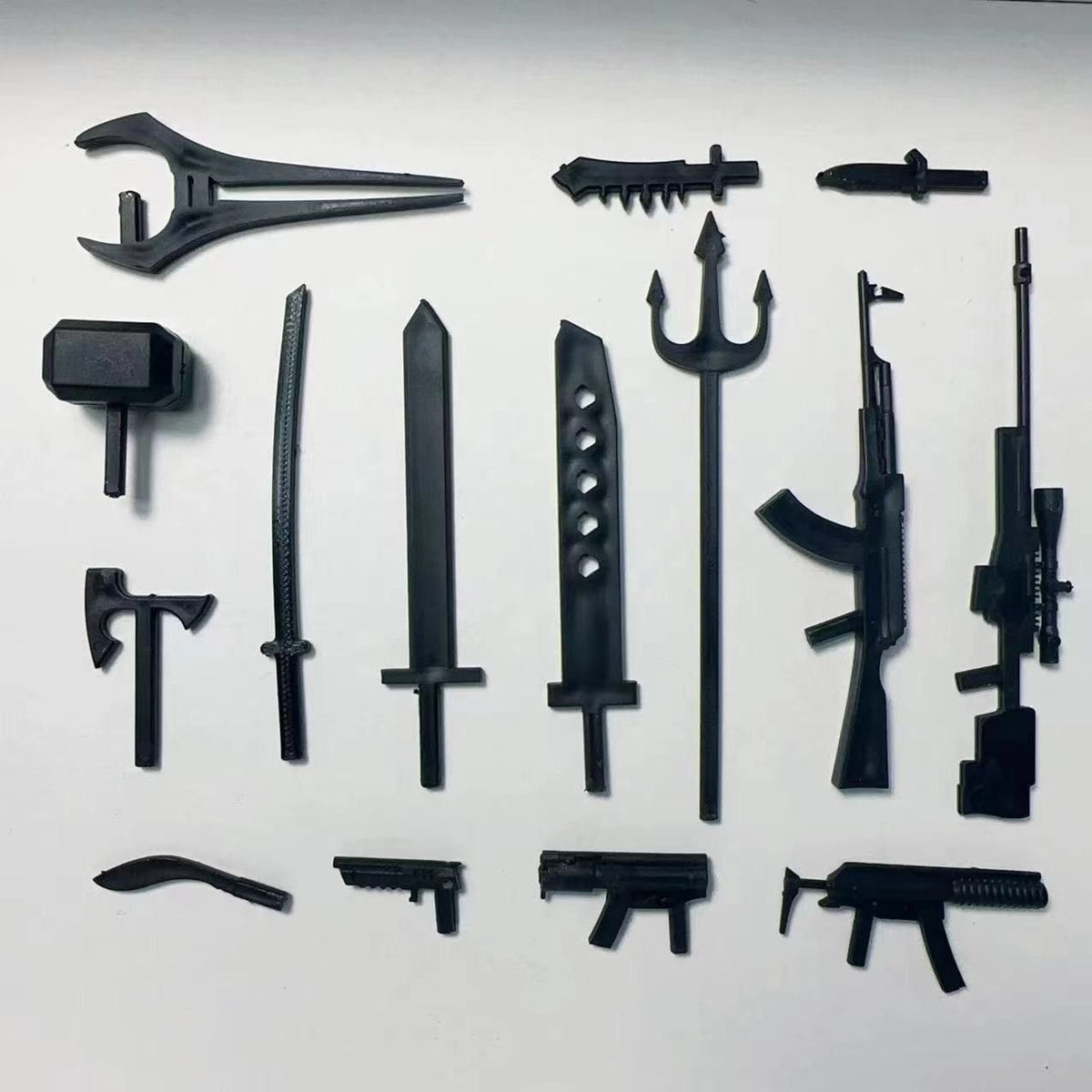 Black weapon and accessory parts sprue for assembling a multi-joint robot action figure