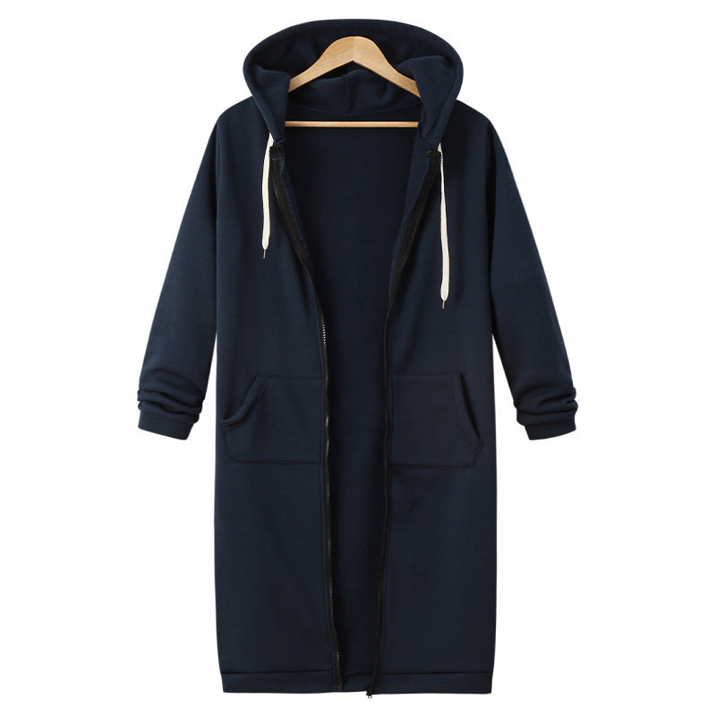 Navy blue hooded long-sleeve fleece jacket with full zipper and drawstring hood