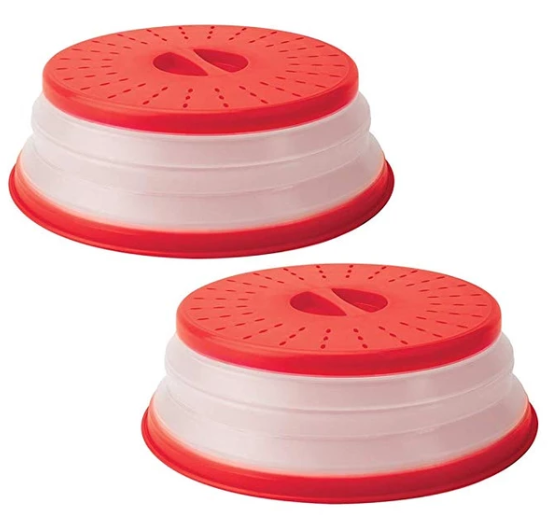 Red collapsible microwave splash cover showing open and folded vented lid positions
