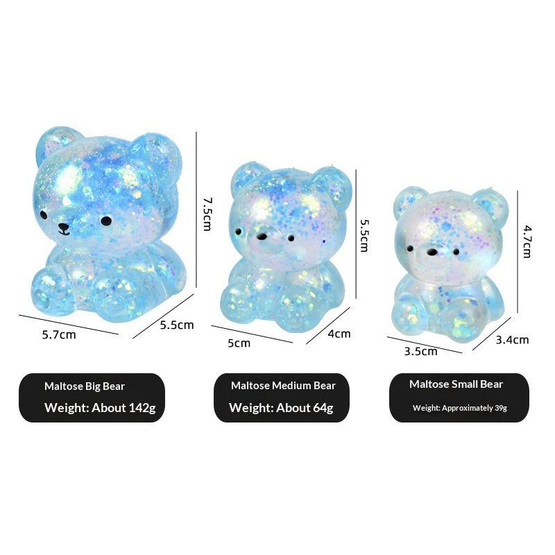 Blue translucent glitter maltose bear stress toy with size labels, about 3.4–7 cm