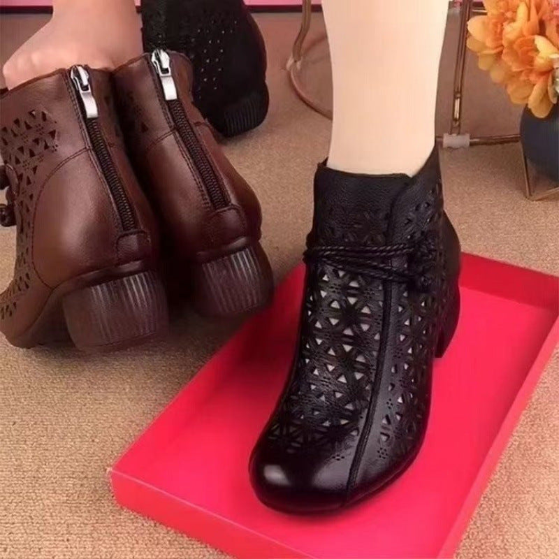 All-Match Leather Mid-Heel Casual Shoes - Women's Comfortable Retro Closed Toe