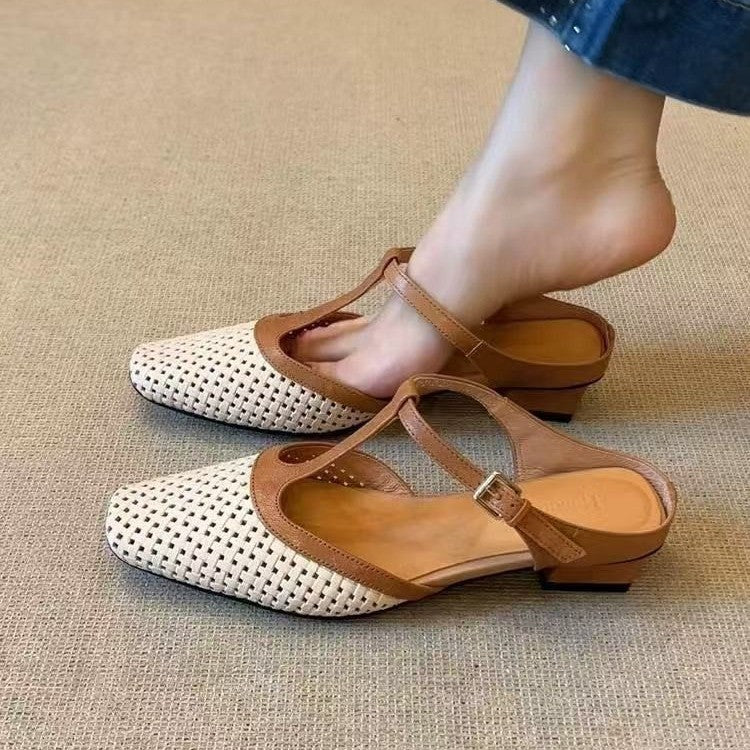 Women's Elegant Retro Soft Bottom Square Toe Sandals - Color-Blocking Summer Shoes