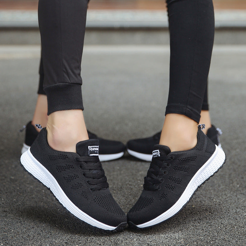 Women’s mesh wedge sneakers, black knit mesh with white sole, lace-up style