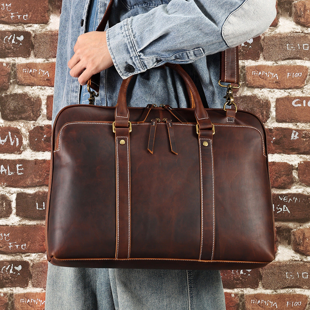 Men's Shoulder Bag Messenger Bag First Layer Cowhide Leather Wear Resistant Business Briefcase Brown