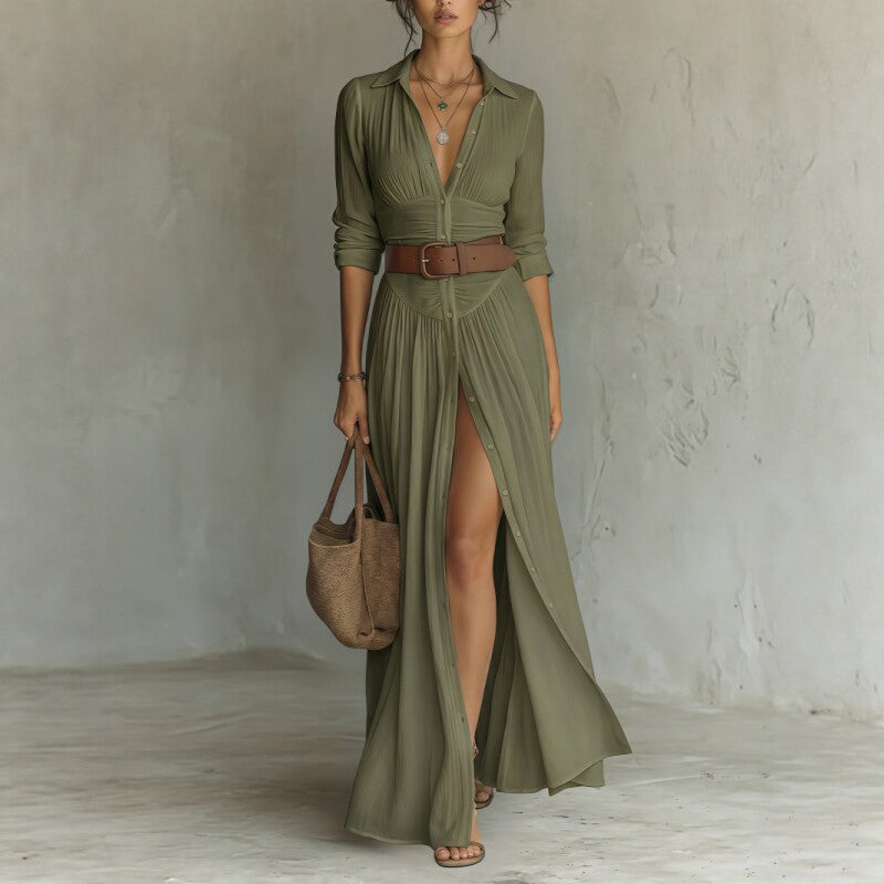 Olive V-neck maxi dress with high side slit, draped skirt, buttoned bodice