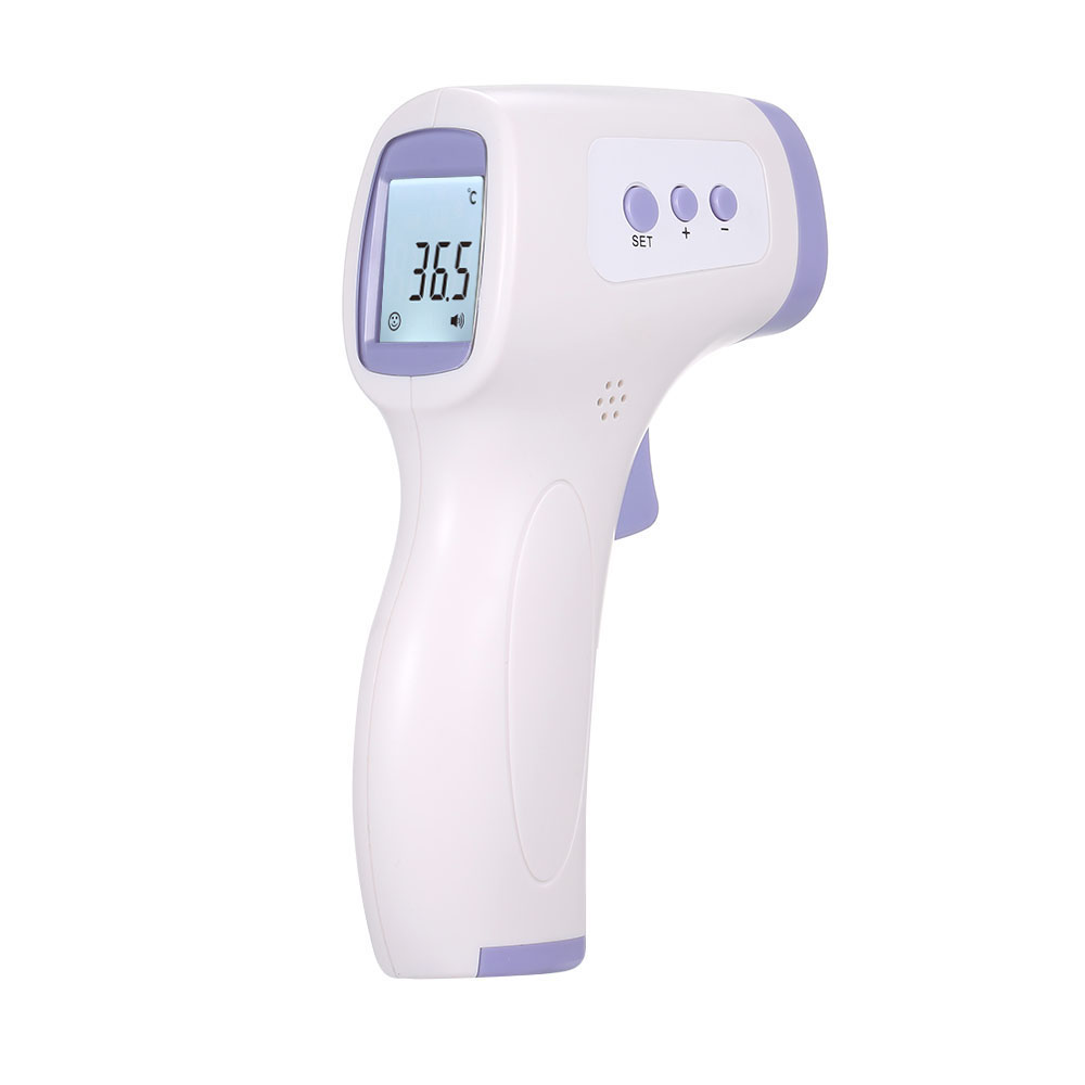 White infrared non-contact forehead thermometer with LCD screen showing temperature