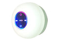 White suction cup Bluetooth speaker with glowing LED control panel.