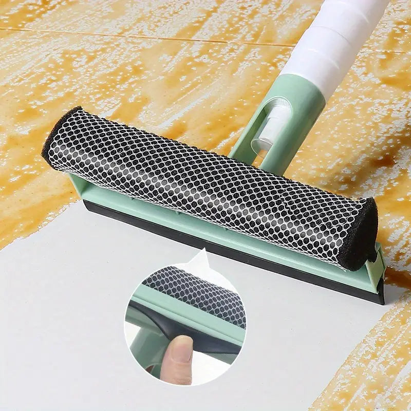 Glass cleaner double-sided wiper with mesh pad and spray bottle, green handle