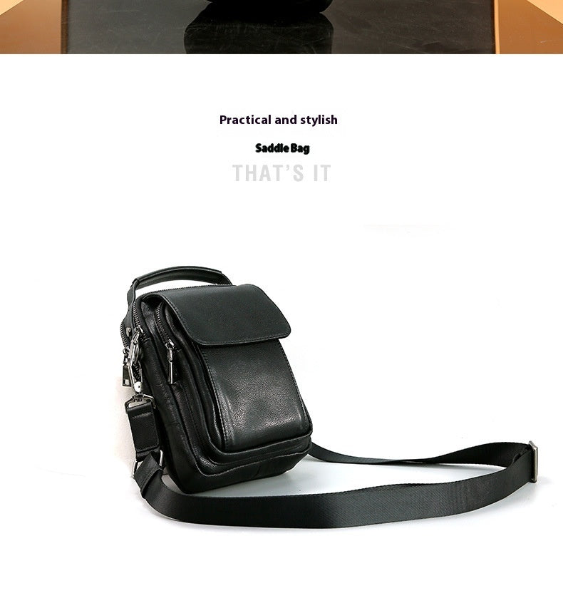 Mens Genuine Leather Top Grain Cowhide Retro Messenger Bag Black 7 Inch European American Style