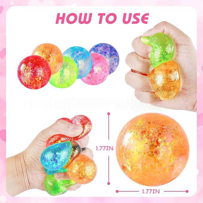Close view of multicolor glitter squeeze stress balls, round toy balls