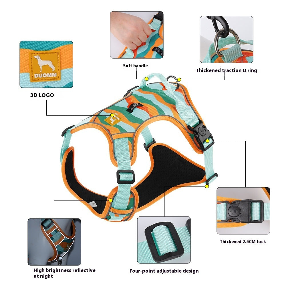 Reflective dog harness with orange-and-teal camo pattern, buckles, and traction ring