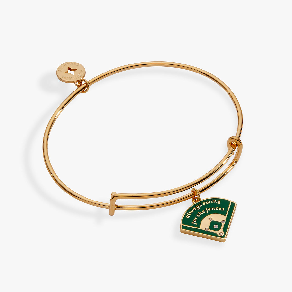Gold charm bangle with bar clasp and green baseball diamond enamel charm