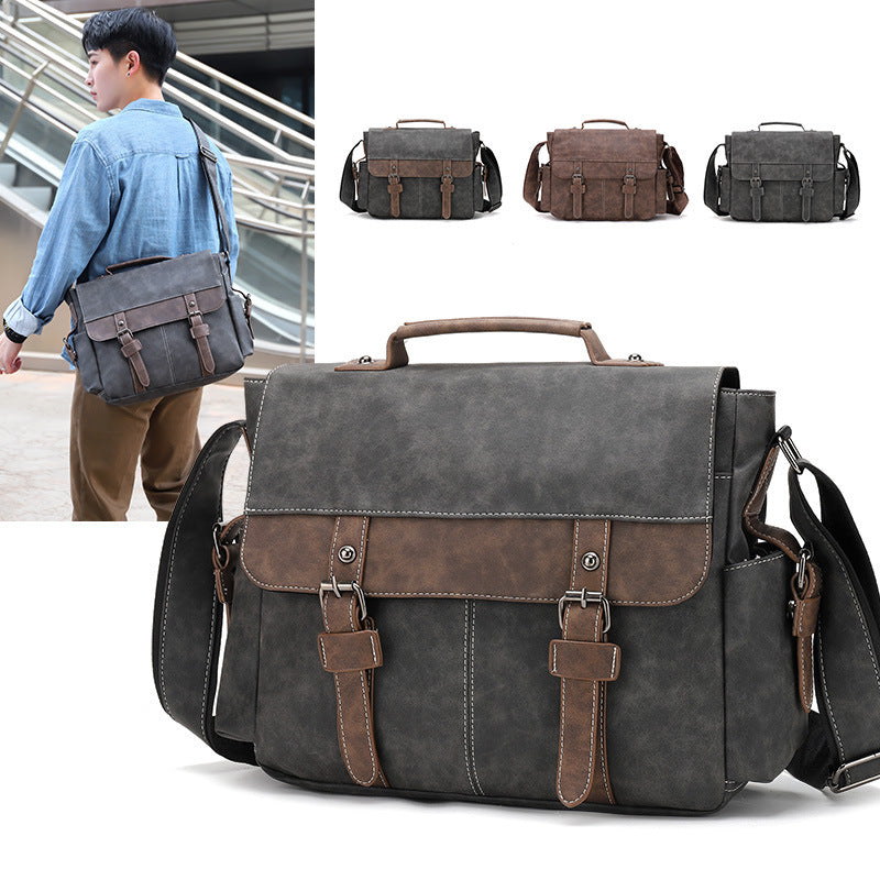Casual PU Leather Men's Shoulder Bag Trendy Retro Style For Business Travel 34x28x10 Cm Gray Brown Coffee