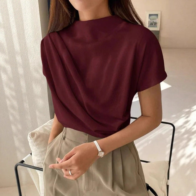 Women's Round Neck Draping Summer Blouse - Simple Short Sleeve