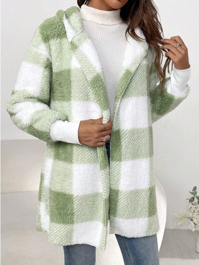 Green and white plaid knit cardigan sweater with open front and long sleeves