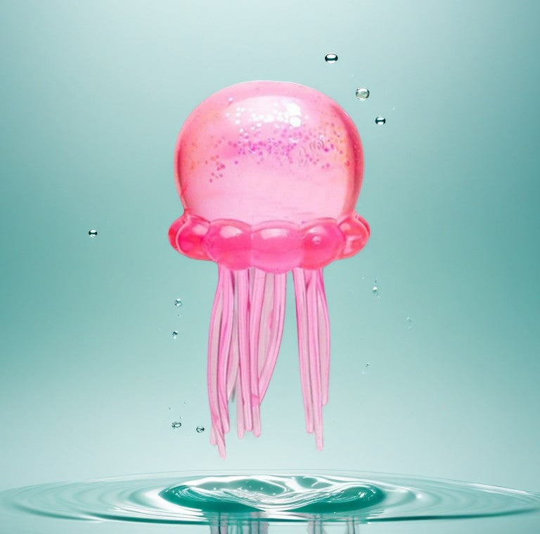 Pink octopus squishy toy with long tentacles and small water droplet splash