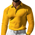Mustard yellow long-sleeve button-up shirt with collared neckline and front placket
