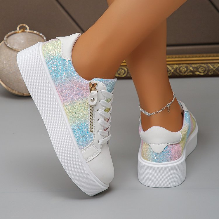 Pastel glitter white platform sneakers with lace-up front, side zipper, and high sole